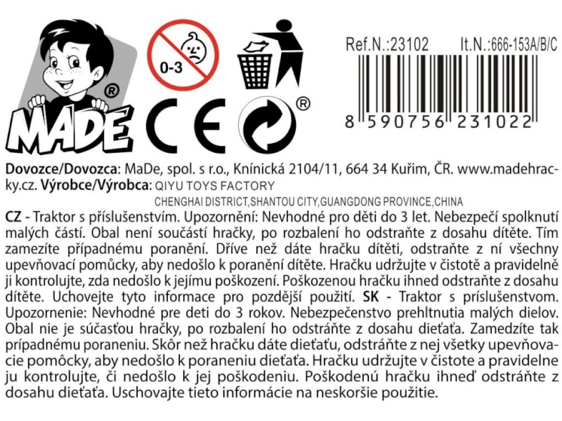 Traktor s přívěsem, na setrvačník, 38 cm
