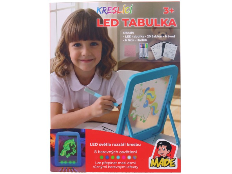Kreativní LED kreslicí tabulka s podsvícením – 20 karet, houbička a 6 fixů
