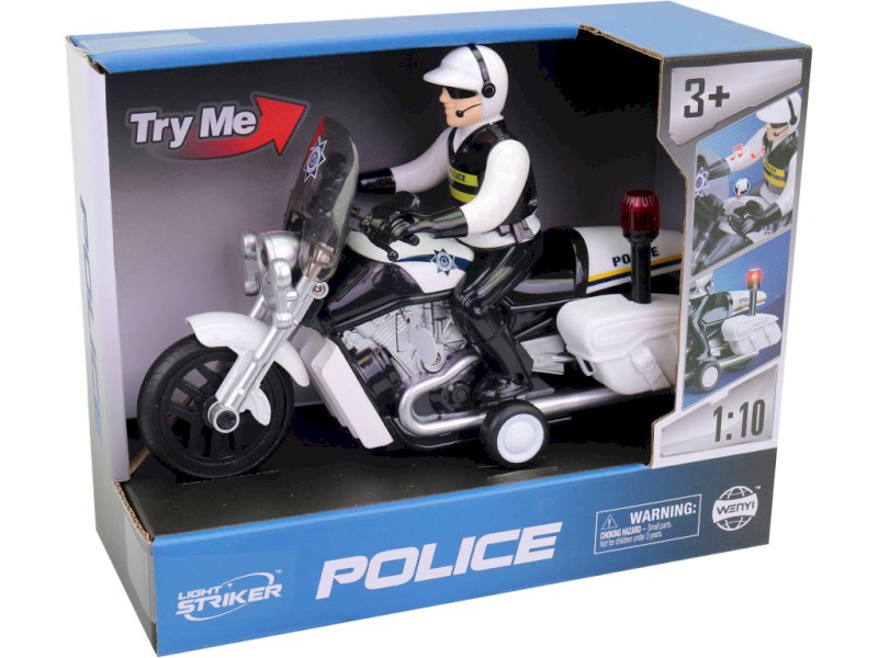 18325 - Motorka policejní s řidičem, na setrvačník, se světlem a zukem, 21,3 x 8,1 x 14,6 cm, na baterie
