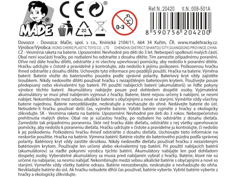 20420 - Vesmírná raketa, stolek s příslušenstvím, na baterie, 49 x 19,5 x 53 cm
