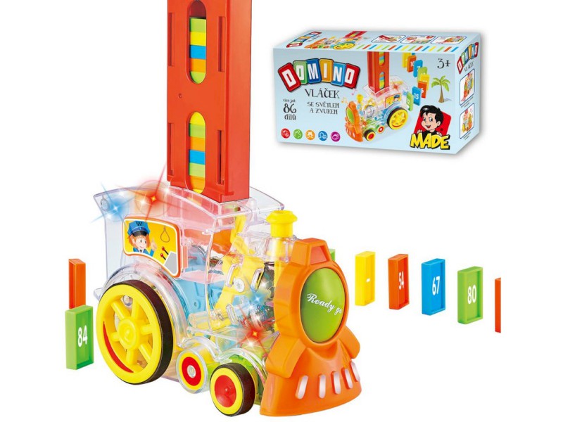 13806 - Transparentní lokomotiva domino 86 ks, se světlem, na baterie, 15 x 7,5 x 11 cm
