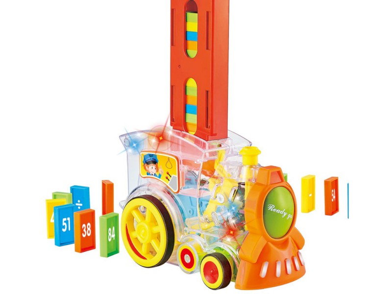 13806 - Transparentní lokomotiva domino 86 ks, se světlem, na baterie, 15 x 7,5 x 11 cm