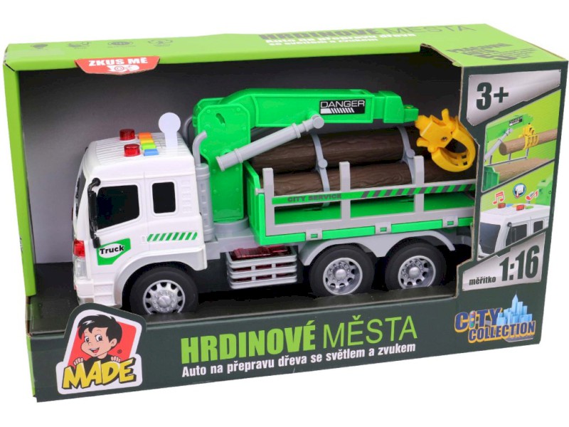 Auto na přepravu dřeva, zvedací rameno, na baterie, dvětlo a zvuk, setrvačník, 26 cm