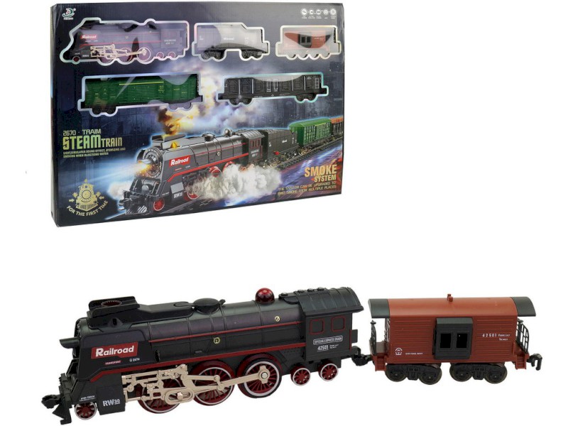 16333 - Vlaková souprava, parní, na baterie, světlo, zvuk, 68 kusů, 151 x 92,5 cm