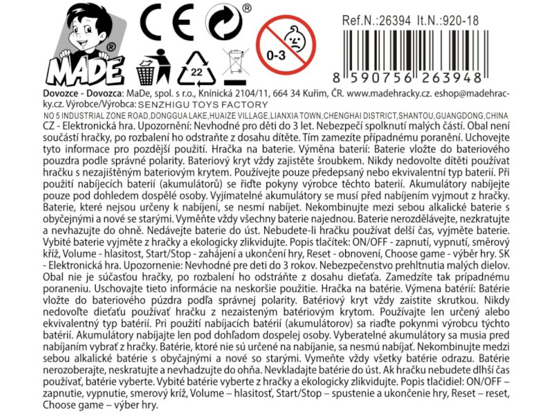 Elektronická hra, na baterie, 15 cm