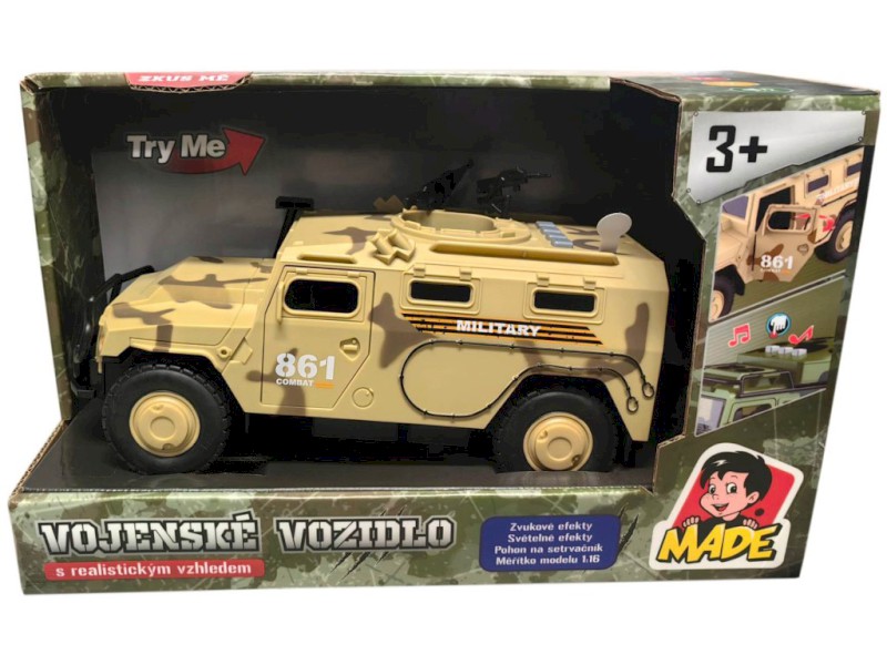Vojenské auto, na baterie, světlo a zvuk, setrvačník