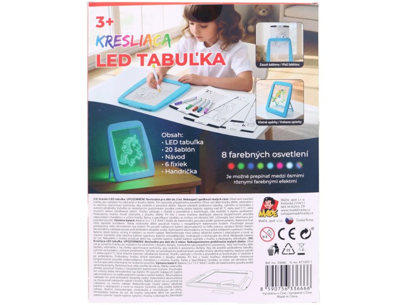 Kreativní LED kreslicí tabulka s podsvícením – 20 karet, houbička a 6 fixů
