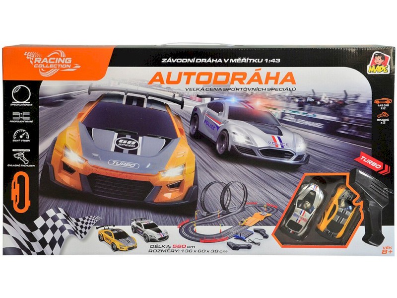 Autodráha 560 cm, dvě auta, s EU adaptérem, 136 x 60 x 38 cm
