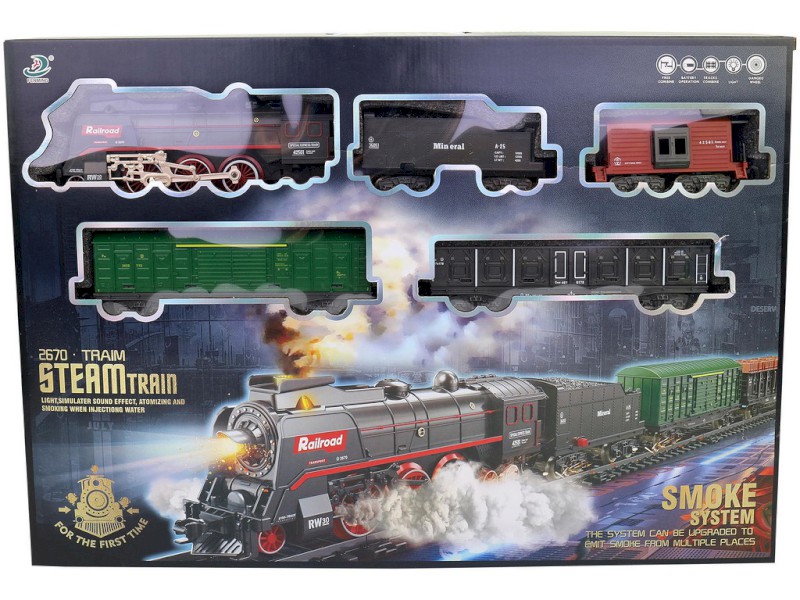 16333 - Vlaková souprava, parní, na baterie, světlo, zvuk, 68 kusů, 151 x 92,5 cm