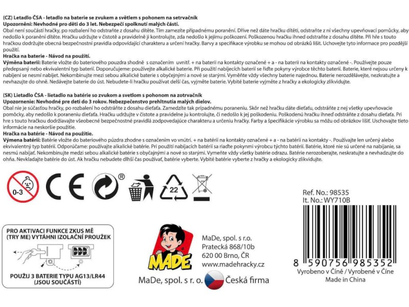 98535 - Letadlo ČSA s hlášením kapitána a letušky, na setrvačník, 20 cm