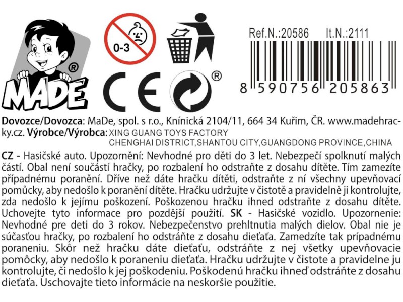 Hasičský vůz, 17 x 5,5 x 8 cm