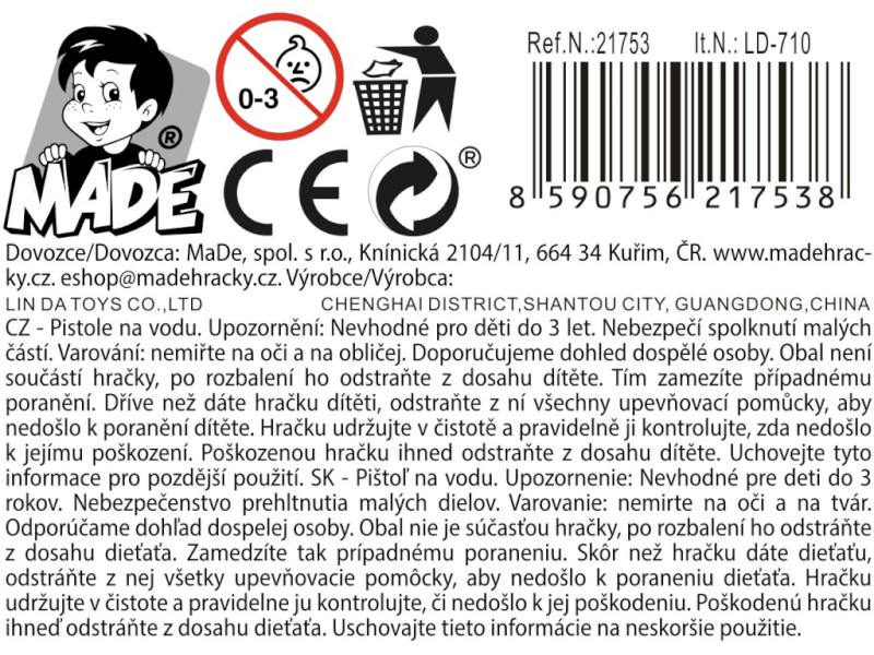 Vodní pistole, 180 ml, 3 barvy, 21 cm